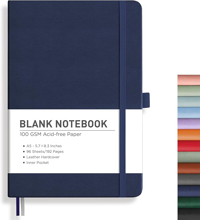 RETTACY Blank Journal Notebook, 192 Pages, A5 Medium Size (5.7'' x 8.3'') | Leather Hardcover, 100 GSM Thick Paper, for Sketching, Drawing, Painting (Navy blue)