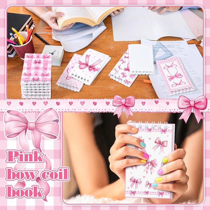 Thenshop 24 Pcs Mini Pink Bow Spiral Notebook 3.9x2.4 Inch Cute Coquette Pink Aesthetic Watercolor Journal Lined Memo Pad Preppy Mini Top Spiral Notebook Office Supplies for Party Gifts Home