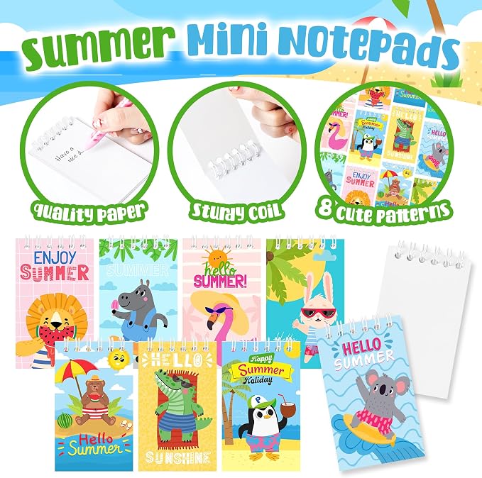 24Packs Hello Summer Mini Notepads Cute Cartoon Animal Spiral Notebooks Pocket Journal Memo Pads for Hawaii Beach Themed Birthday Gifts Goodie Bag Stuffers Office School Classroom Rewards