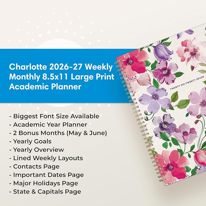 Blue Sky 2026-2027 Weekly & Monthly Academic Planner, 8.5"x11", Charlotte | July 2026 - June 2027, Large Print, Flexible Cover, Wirebound, Storage Pocket, Laminated Tabs, Academic Year
