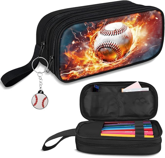 TILYTADLY Large Pencil Case for Boys - Baseball Boys Pencil Pouch with Zipper Compartments - Big Capacity Pen Box Pen Bag Organizer with Keychain for Kids Teens School