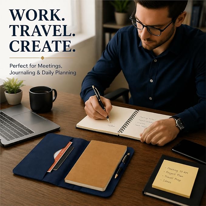 Blue Leather Journal Cover XL – Handmade Refillable Notebook Holder with Pen Loop, B5 Writing Organizer for Office, Travel & Professional Use 7.5 x 9.5
