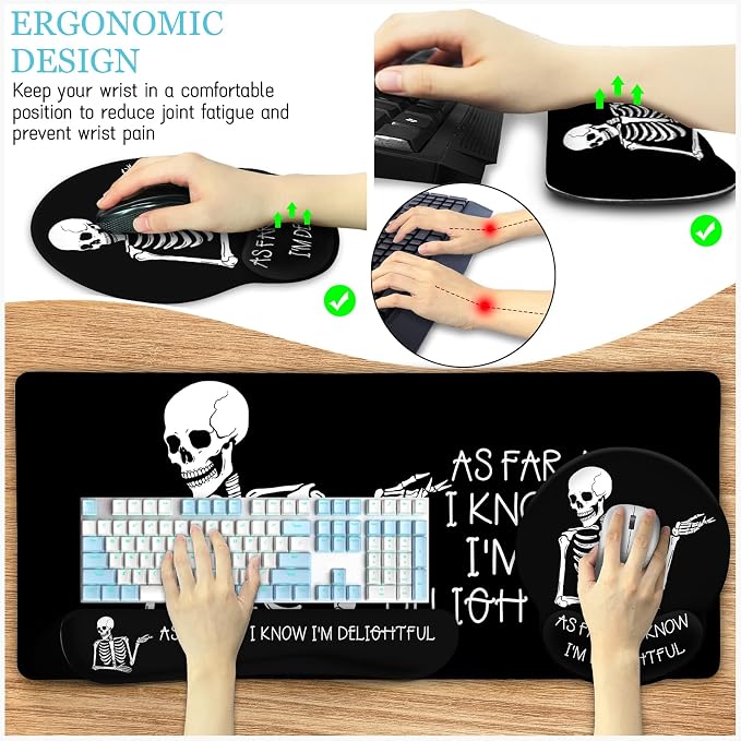 LIMKRIAN Ergonomic Mouse Pad with Wrist Rest Desk Mat Set, Skeleton Decor | Large Gaming Mouse Pads, Computer Keyboard Mat Wrist Support, Coaster, Funny Skull Office Desk Accessories Supplies