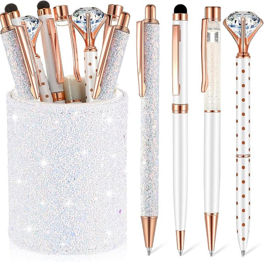Sabary 8 Pcs White Pens with Pen Holder for Desk Glitter Crystal Diamond Cute Ballpoint Fancy Pencil Holder Bling Desk Organizer for Women Girls School Office Supplies Wedding Graduation Gifts
