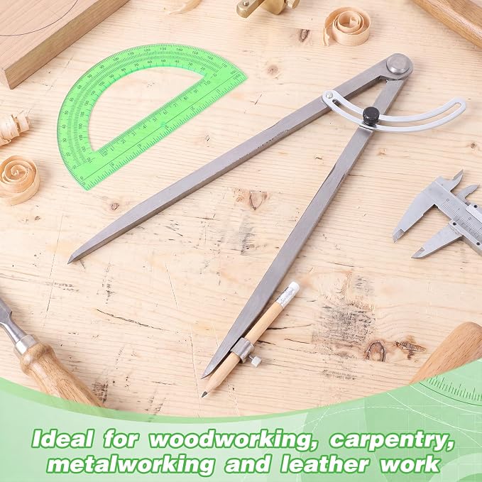 Zonon Professional 12 Inch Large Compass with Wing for Woodworking and 6 Inch Protractor Set, Pencil Compass for Geometry Math Carpenter, Drafting, Drawing Tool (Green)