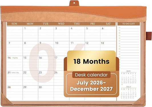 Yoment Desk Calendar 2026-2027 with Desktop Mat, Large Desk Pad Calendar from Now to December 2027, 18 Months Leather Desktop Wall Calendar with Plastic Cover for Home Office School,17x 12,Brown