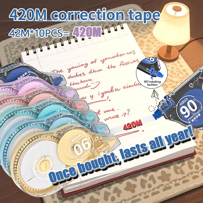 CHANGLi Extra-long Precision White Correction Tape 10-PACK–Instant Coverage, 90° Rotating Tip – 5mm / 0.2” Wide, 42Metre / 137FT Long