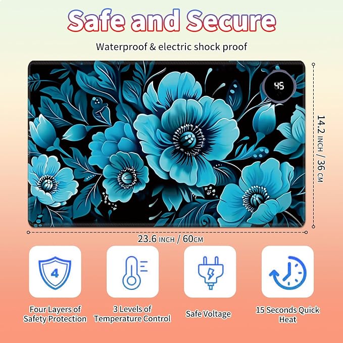 Heated Desk Pad Large Mouse Pad 23.6 x 14.1 inch with 3 Levels Heating & Auto Shut-Off Warm Mouse pad PU Leather Computer Mousepad for Home Office Work - Blue Floral Flower
