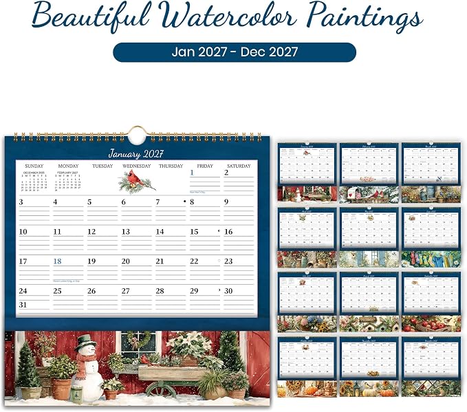 2027 Calendar - 2027 Wall Calendar with Pocket, January 2027 to December 2027, 12'' x 12'' Monthly Calendars for Home, Office, School