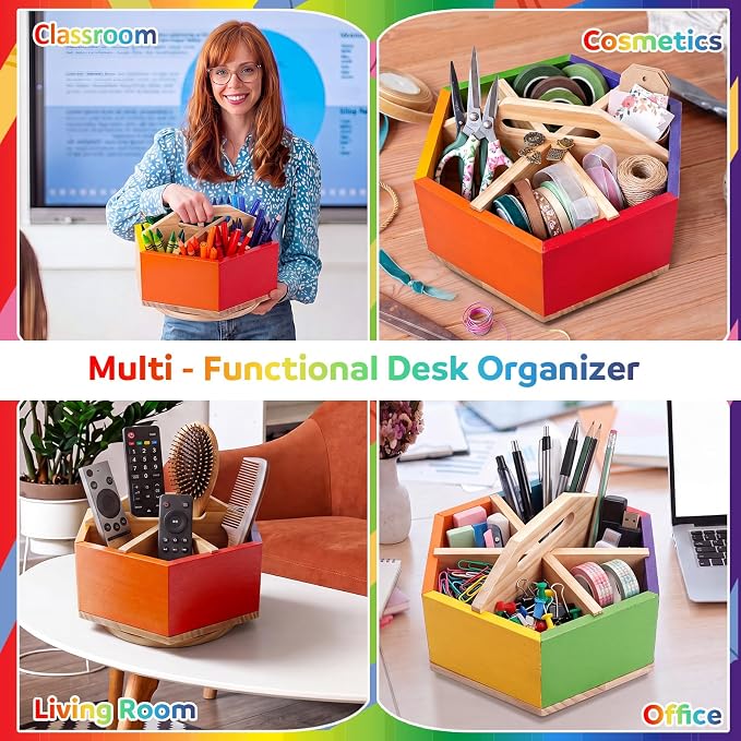 RattanView Rainbow Rotating Pen Holder, 360° Spinning Art Supply Organizer | Spinning Pencil Holder, Pen and Marker Organizer, Crayon Caddy, Desk Organizer for Classroom, Office and Daily Use