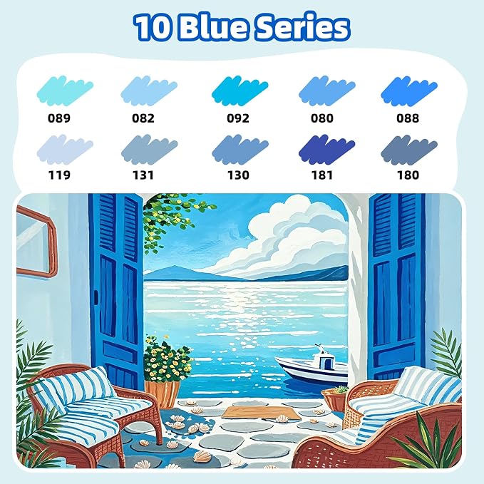 LIULIUCAI 10 Blue Dual Markers, Fine & Brush Tip Pen for Adult Coloring | Ocean Blue Markers, Coloring Pens for Sky Sea, Water Effects, Calming Art, Outlining Journaling Calligraphy Illustration
