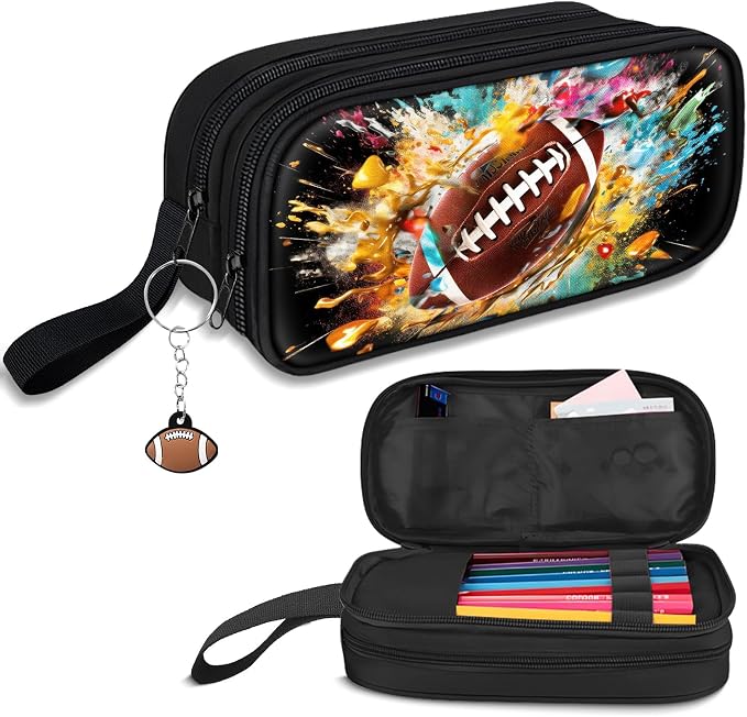 TILYTADLY Large Pencil Case for Boys - American Football Boys Pencil Pouch with Zipper Compartments - Big Capacity Pen Box Pen Bag Organizer with Keychain for Kids Teens School