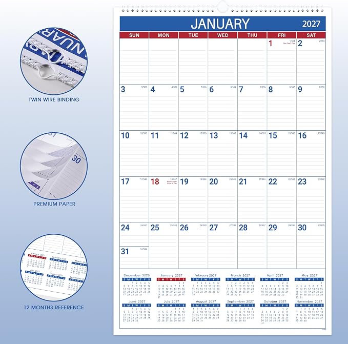 2027 Wall Calendar, 2027 Vertical Large Wall Calendar, 15" x 23" | from Jan 2027 - Dec 2027, Julian Date, Premium Paper, for Home Office Organizing