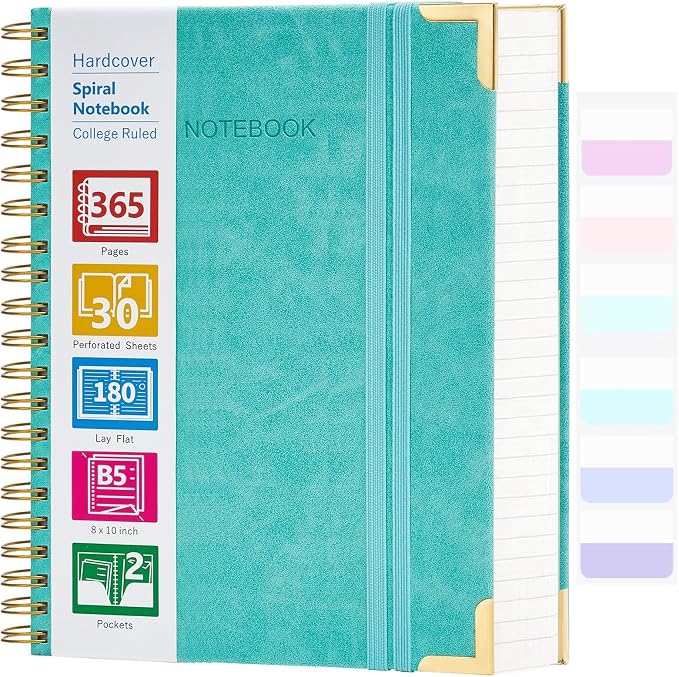 Spiral Notebook, 365 Page Hardcover Leather Notebook Journal, Large B5 Lined Journal for Women Men, College Ruled Notebooks for Work School, Journals for Writing, 24pcs Index Tabs, 8" x 10", Teal