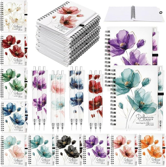 Resurhang 30 Sets Difference Maker Employee Appreciation Gift Bulk Inspirational A6 Spiral Notebook Journal Ballpoint Pens for Teacher Volunteer Coworker Team Back to School (Floral Colors)