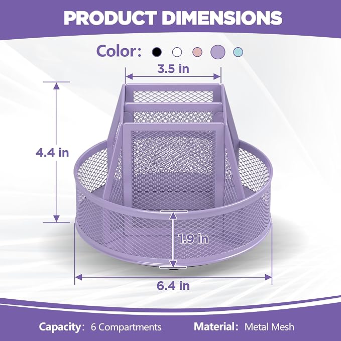 Docnest 360°Rotating Mesh Desk Organizer,6-Compartment Pen Holder,Purple | Heavy-duty metal holder with removable divider. Space-saving stationery storage for pencils, scissors & markers