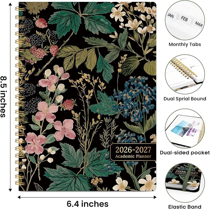 Academic Planner 2026-2027, Weekly and Monthly Calendar Book, July 2026 – June 2027, Hardcover Planner with Tabs, Perfect for Teachers, Students, Women & Men, A5 (6.4" x 8.5") - Forest Botanica