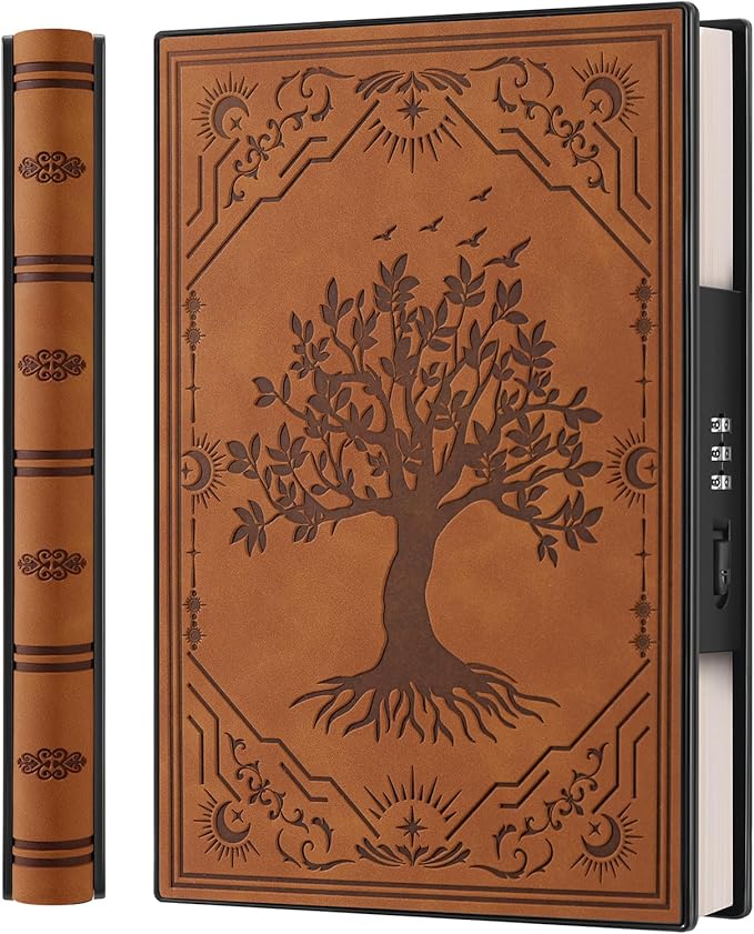 ZXHQ Diary with Lock, Hardcover(14.8 cm x 21 cm) Leather Lock Journal, Built-in Lock, 180° Lay Flat, Tree of Life Embossed Cover, 100 Gsm Thick Paper