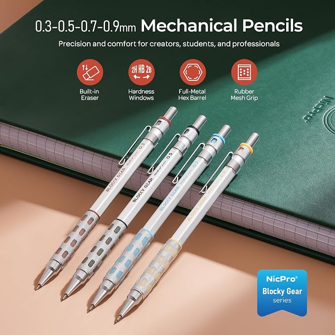 Nicpro 4 Pack Blocky Gear 0.3/0.5/0.7/0.9 mm Metal Mechanical Pencils Set | Lead Drafting Pencil with 8 Tube Break-resistant Lead(HB 2B), Erasers, Eraser Refills, Case for Art Writing Sketching Drawing
