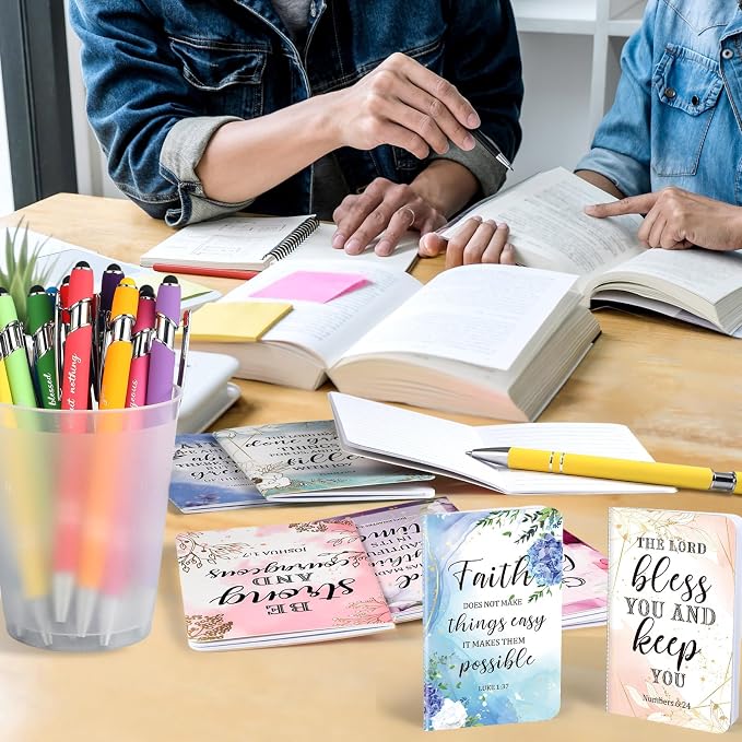 PerKoop 48 Pcs Christian Gifts Notebooks and Pens Bulk - Bible Pocket Notebooks Scripture Ballpoint Pens, Flower Inspirational Journal Faith Based Gifts for Church Coworkers Women Nurses Staff