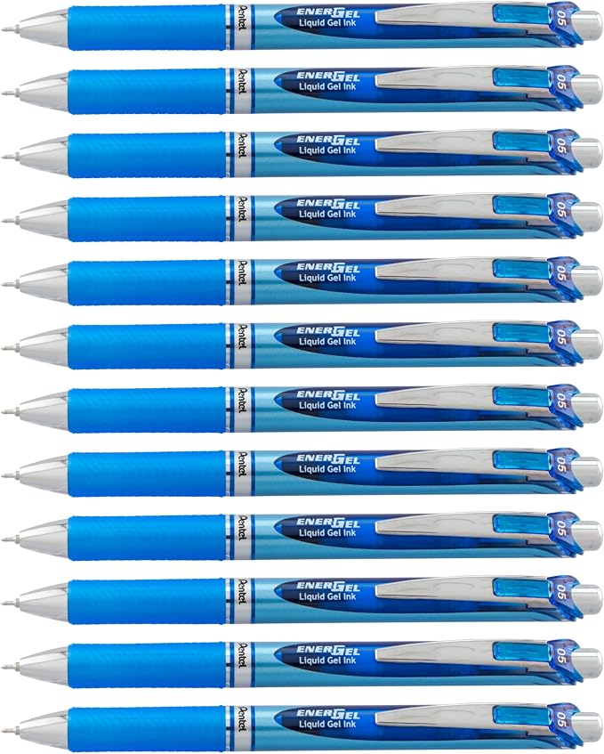 Pentel® EnerGel™ RTX Retractable Liquid Gel Pens, Fine Point, 0.5 mm, 54% Recycled, Assorted Barrel Colors, Blue Ink, Pack Of 12 Pens