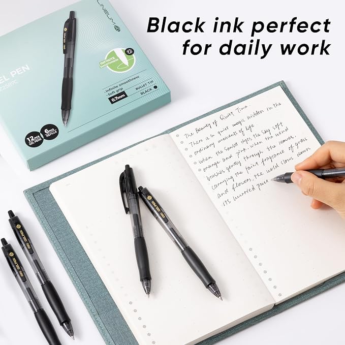 deli Gel Pens, Retractable 0.7mm Black Ink Pens, 12 Pcs Pens & 6 Refills | Medium Point Smooth Writing Pens, Quick-Dry No Bleed Comfort Grip for School, Office, Home Supplies