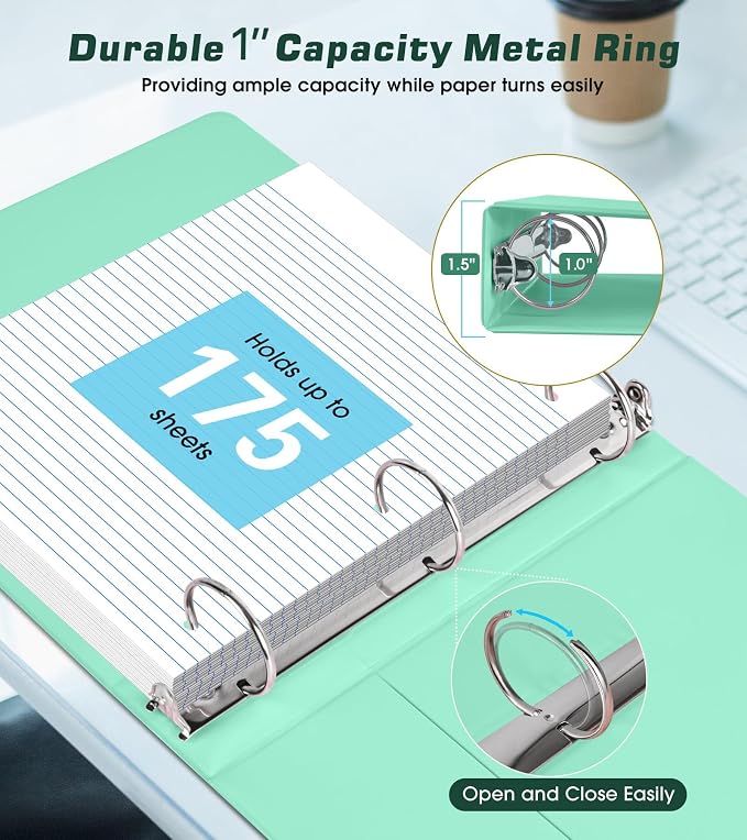 3 Ring Binder 1 inch，Cute Binder Organizer with 5 Tab Dividers Fits 175 Sheets of 8.5x11 Paper, Customizable Clear Cover with Inside Pockets, Aesthetic 1" Three Ring Binders for School Office，Green