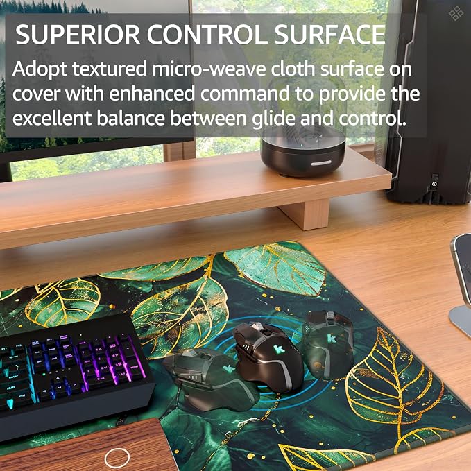 KTRIO Large Gaming Mouse Pad, Desk Mat, 31.5 x 15.7 in, Green Leaves, XXL | Smooth Micro-Weave Surface, Artistic Pattern Design, Non-Slip Rubber Base, Durable Stitched Edges, Office & Home Use