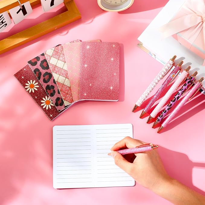 12 Set Cute Mini Notebook and Fancy Pen Gift Set for Women 6 Mini Glitter Pocket Notepad 6 Cute Sparkly Glitter Pen for Girl Office First Day of School Mother's Day Christmas Graduation(Pink)