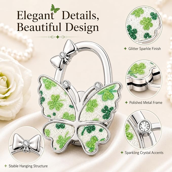 Purse Hook for Table, Foldable Handbag Hanger for Women, Portable Bag Holder with Non-Slip Base, Cute Bling Clover Butterfly Purse Table Hook for Restaurant Office Travel Gift