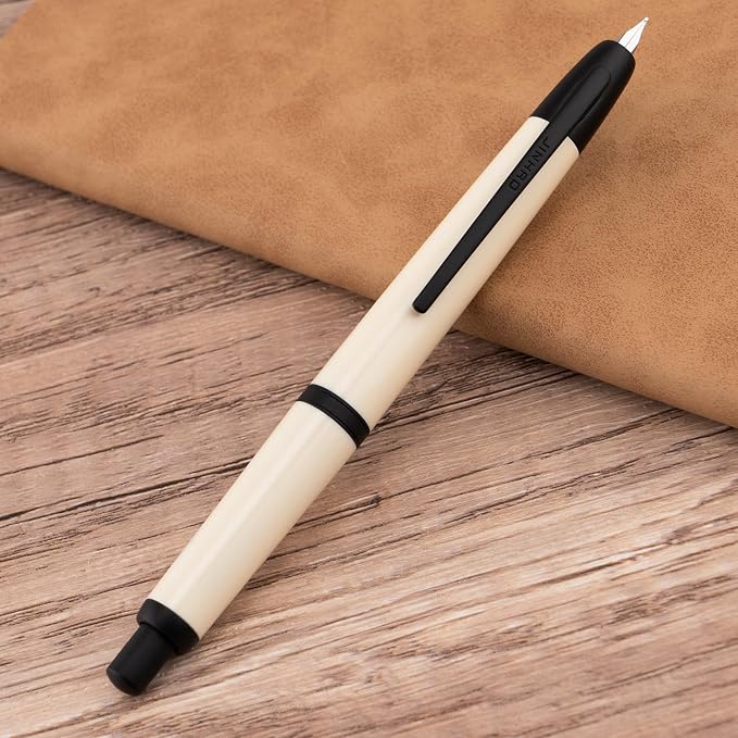 Jinhao 20 Press Retractable Fountain Pen Extra Fine Nib with Converter Resin Writing Gift Pen, Ivory with Black Clip