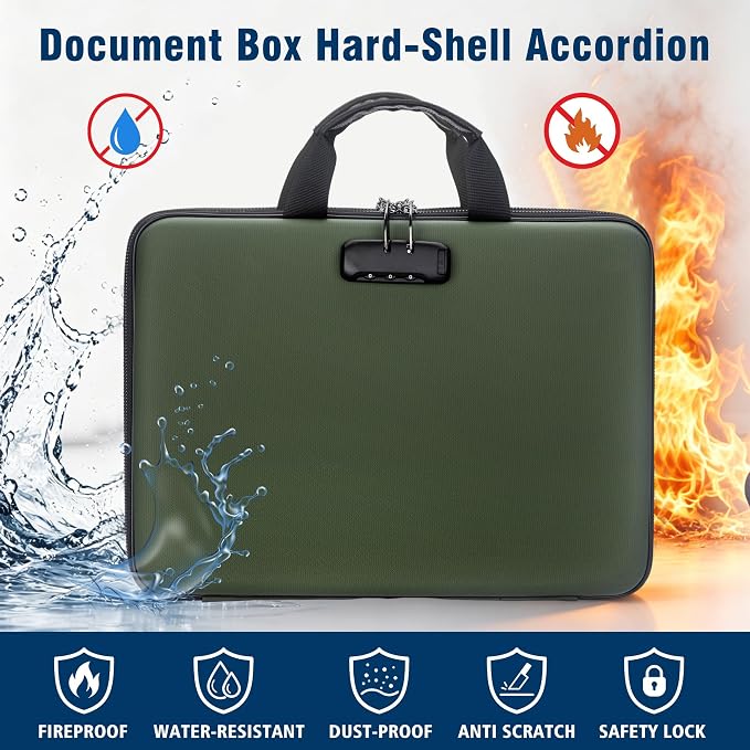 Fireproof Document Box with Lock, Hard-Shell Case Fireproof File Organizer with 13 Pocket Accordion File Folder, Portable Home Office Travel Safe Storage for Important Documents Laptop