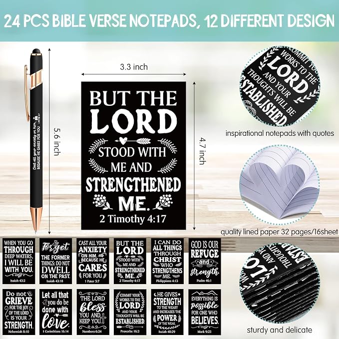 Estune 48 Pcs Christian Gifts for Women Bible Pens Notepads Gift Set Ballpoint Pen Notebook Inspirational Quotes Christian Pen Bible Motivational Gift for Church Coworker (Classic Style)