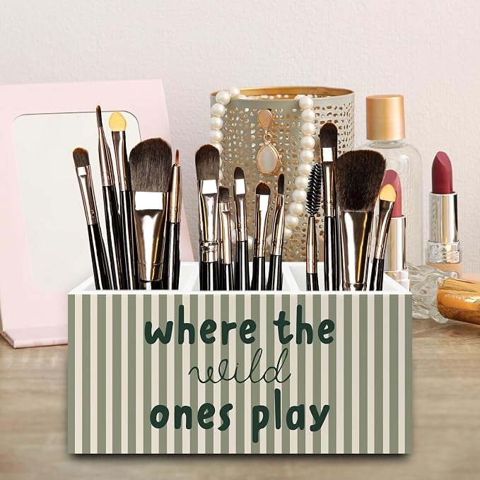 Kids Room Decor Pen Pencil Holder Organizer for Desk, Sage Green Striped Play Room Wooden Box Signs Decorations for Kids Boys Girls Room Bedroom Playroom Desk Tabletop
