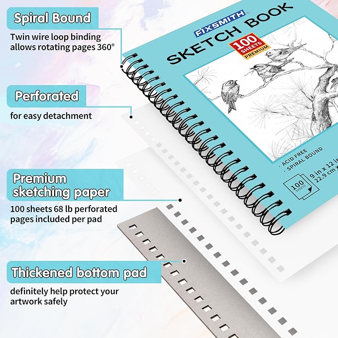 FIXSMITH 9"X12" Blue Sketch Book, 100 Sheets (68 lb/100gsm) Spiral Sketchbook, Acid Free Drawing Paper, Sketch Pad for Beginners,Artists & Professionals, Bright White