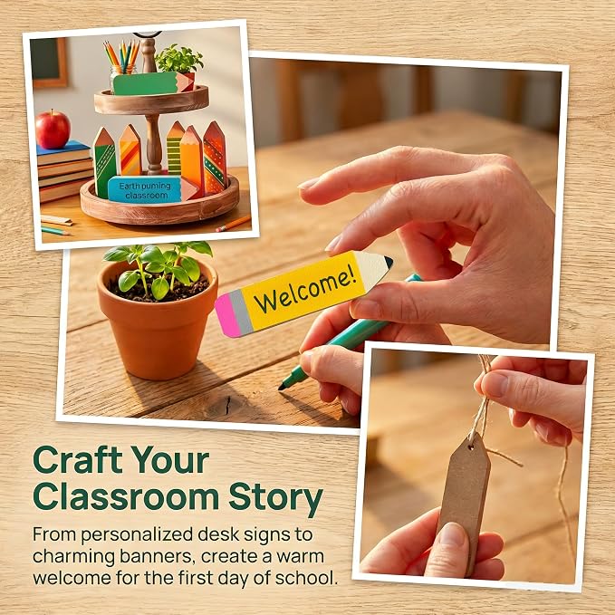 12 Pcs Pencil Shaped Wooden Cutouts Unfinished Pencil Shaped Table Signs Back to School Table Decor for First Day of School Classroom Office Party Decor DIY Art Craft, 4.7 Inches