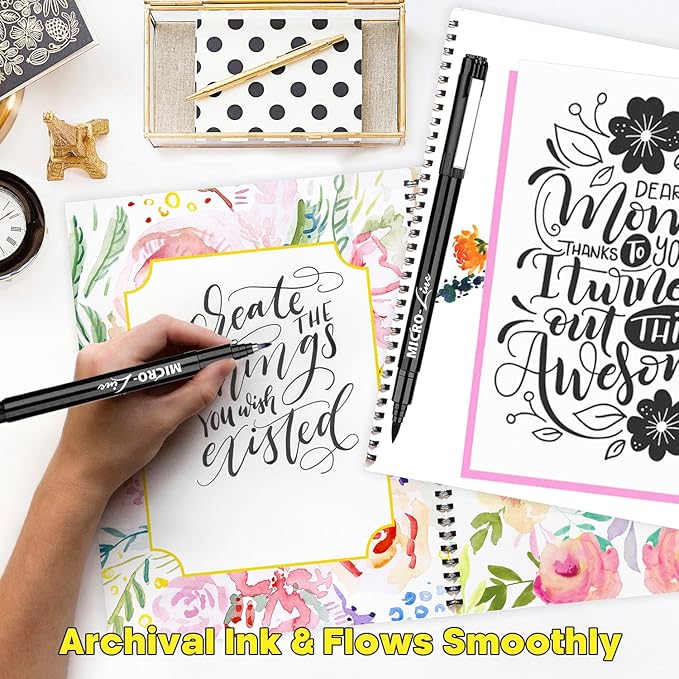 Dyvicl Hand Lettering Pens, Calligraphy Brush Pens Art Markers for Beginners Writing, Sketching, Drawing, Illustration, Scrapbooking, Journaling, Black Ink Pen Set, 4 Sizes