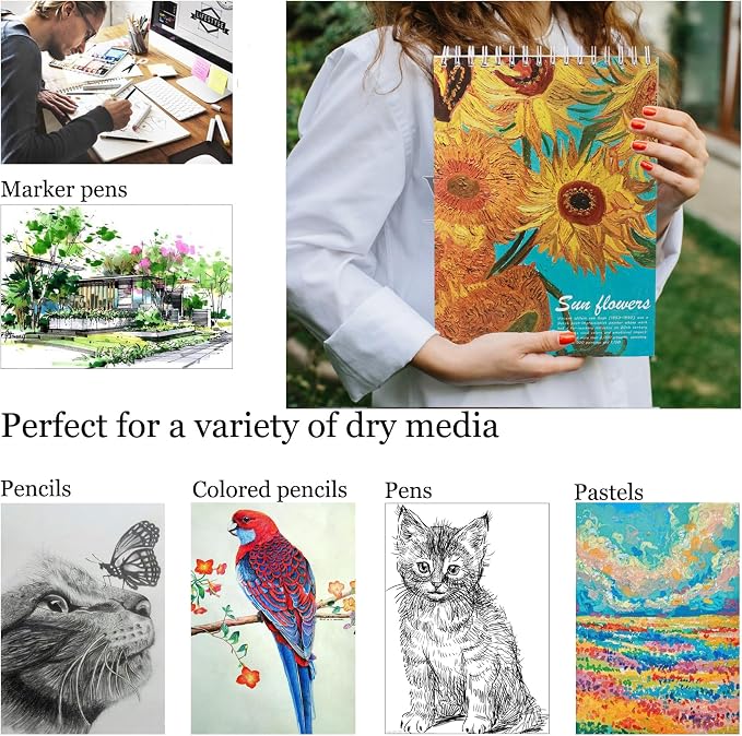 2 Pack Aesthetic Kids Spiral Cute Sketch Book,98lb/160gsm Acid Free Thick Paper Van Gogh A4 Blank Mixed Media Journal Art Sketchbook Artist Drawing Book Paper Painting Sketching Pad