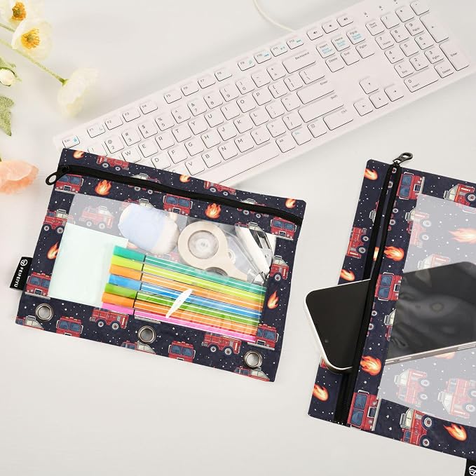 Fire Fighting Truck Binder Pouches 3 Ring for Boys Girls School Office College Supplies Cars Doodle Pattern Pencil Pouches Case Bag with Clear Window and Zipper 2 Pack
