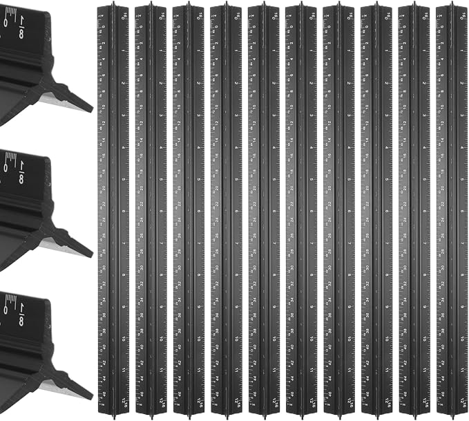 10 Pcs Architectural Scale Ruler 12" Imperial Architect Engineers Scale Triangular Ruler Aluminum Alloy Metal Triangle Drafting Rulers Measuring Tools for Architect Engineer Draftsman Artists (Black)