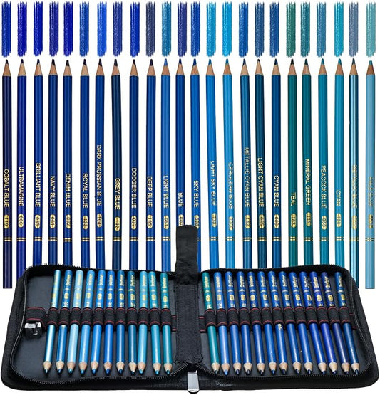 Blue Colored Pencils,Oil Based Wooden Colored Pencil Set for Adults Coloring Books Drawing Sketching Art Supplies 24 Color