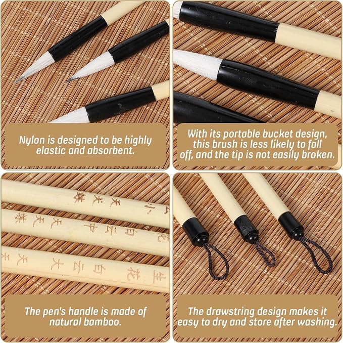 3 Pack Chinese Calligraphy Set 3 Sizes Chinese Calligraphy Brush Traditional Wooden Watercolor Ink Pens Chinese-Writing Brushes for Beginner Writing Painting Watercolor Art Tools