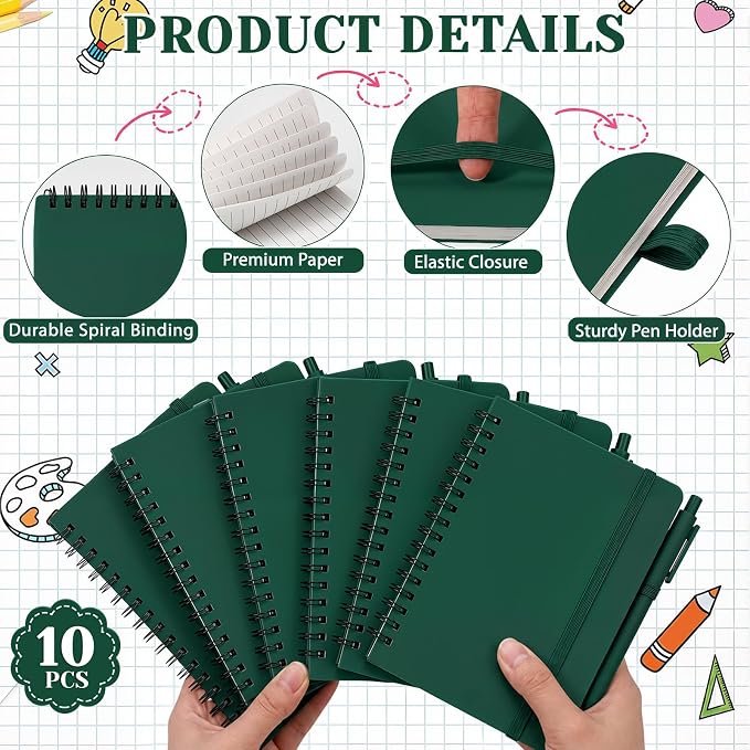 Fulmoon 10 Set Small Spiral Notebooks A6 with Pens Bulk, Multicolor 4" x 6" Pocket Notebooks Mini Lined Journals 50 Sheets for Back to School Supplies Students Rewards Office Gifts (Forest Green)