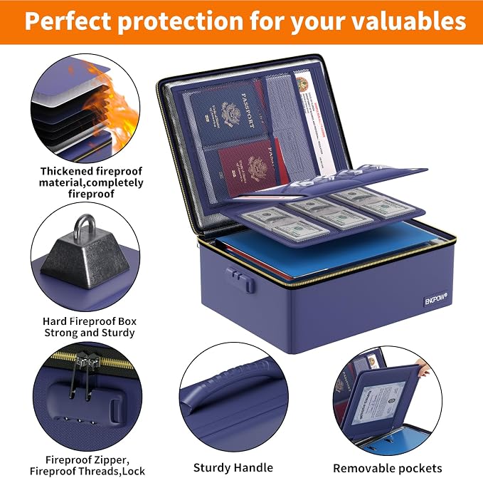 ENGPOW Fireproof Document Box with Lock & Heat-Resistant Fireproof Zipper | 6400°F 12-Layer Fire Protection, Hard File Organizer with Pockets, Portable Home Chest Safe Storage for Money,Jewelry, Blue