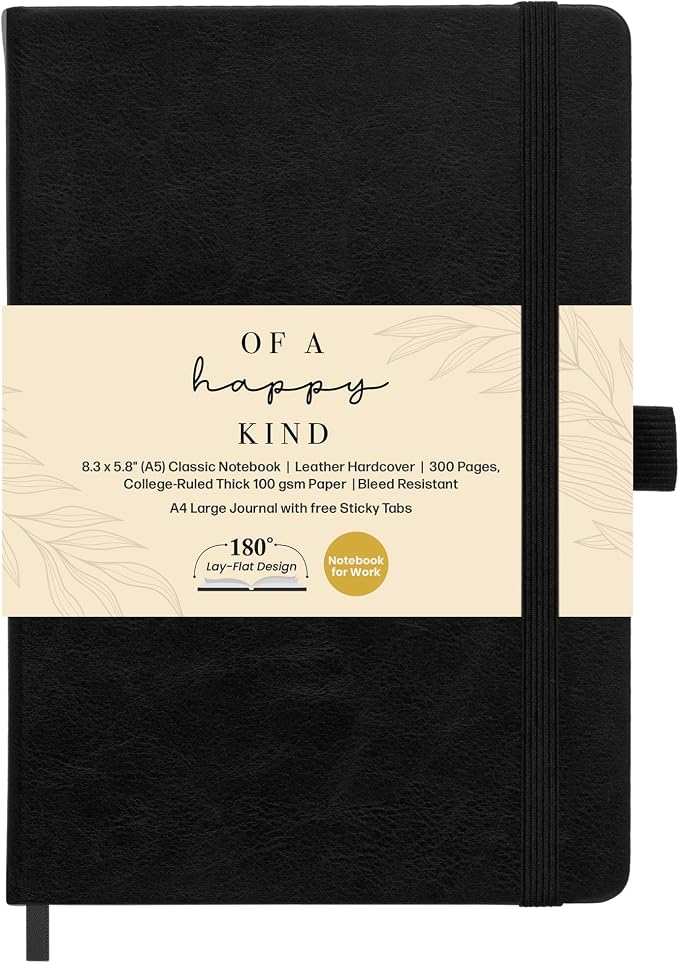 Lined Leather Bound Journal Notebook, A5 Hardcover Thick 300 Pages Black | 5.8x8.3" College Ruled Paper Journals for Men and Women - Personal and Professional Note Book for Writing & Journaling