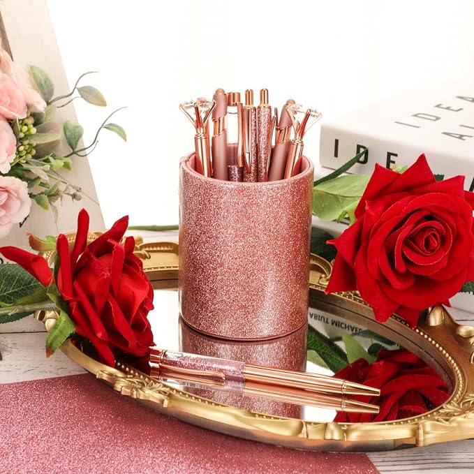 Sabary 8 Pcs Rose Gold Pens with Pen Holder for Desk Glitter Crystal Diamond Cute Ballpoint Fancy Pencil Holder Bling Desk Organizer for Women Girls School Office Supplies Wedding Graduation Gifts