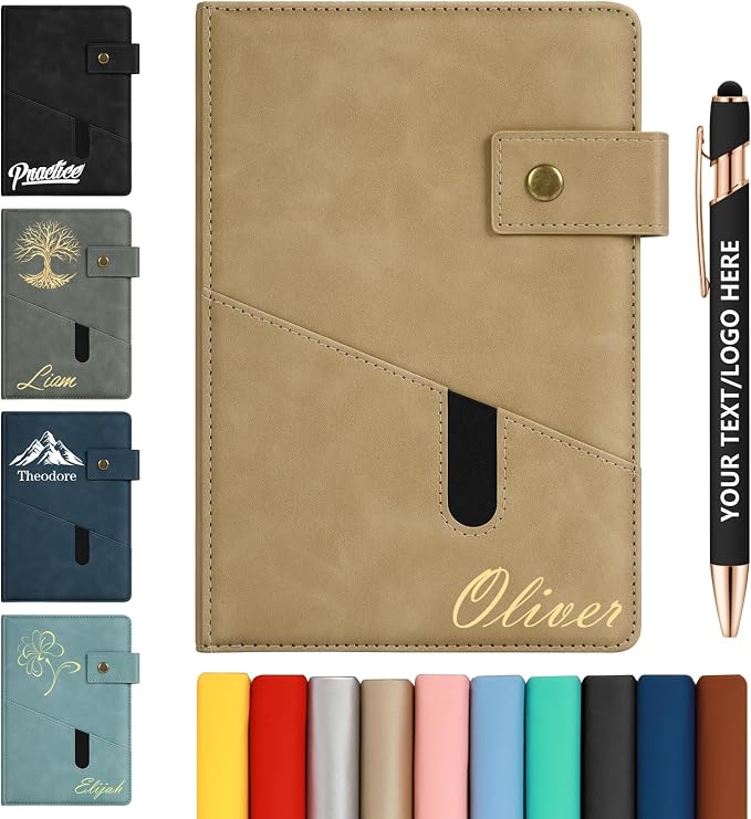 ENOMY Personalized Notebook & 10 PC Pens Set A5 Notebook with Ribbon Bookmark PU Leather Custom Notebook Cover for College Graduation Birthday Business Gifts, Khaki
