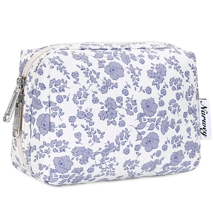 Narwey Small Cute Floral Makeup Bag for Purse Mini Cosmetic Bag Travel Makeup Pouch Zipper Pouch Cute Make up Bags with Compartments for Women Girls (Little Grayish Blue Flower, Small)