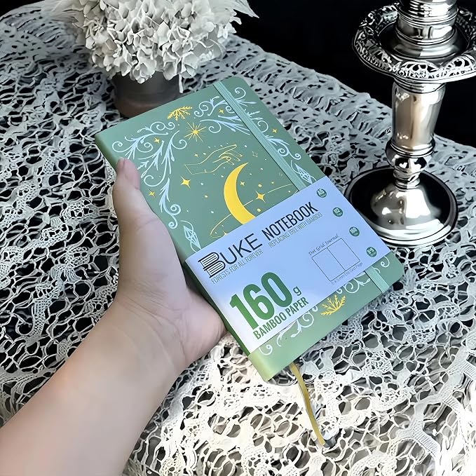 BUKE A5 Dotted Journal – 160gsm Ultra Bamboo Paper, Moon & Star Foil Cover, Flat Lay Notebook with Gift Box – 160 Pages, 5mm Dot Grid, Faux Leather Hardcover (Matcha Green)