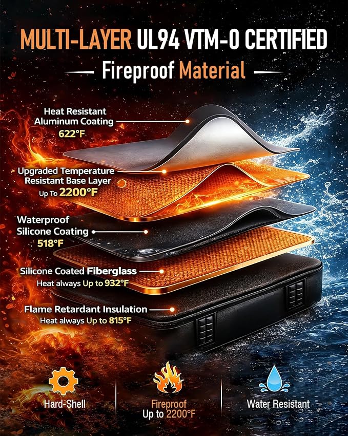 Fireproof Document Box - Hard-Shell Design Waterproof & Fireproof Document Safe with Lock, Fire Box Safe for Documents, Laptops, Passports Ex.16.5 x 12 x 5 inches, Black